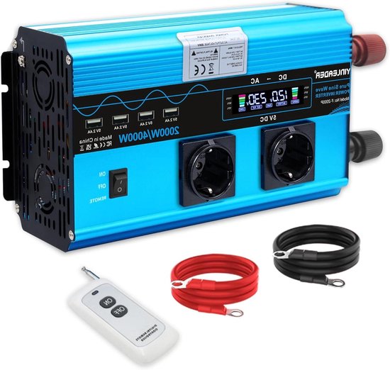Spanningsomvormer Zuivere Sinus - Omvormer 12V 230V - Stroomvoorziening Onderweg - 4000W Piekvermogen - 2000W Continu - Zilver