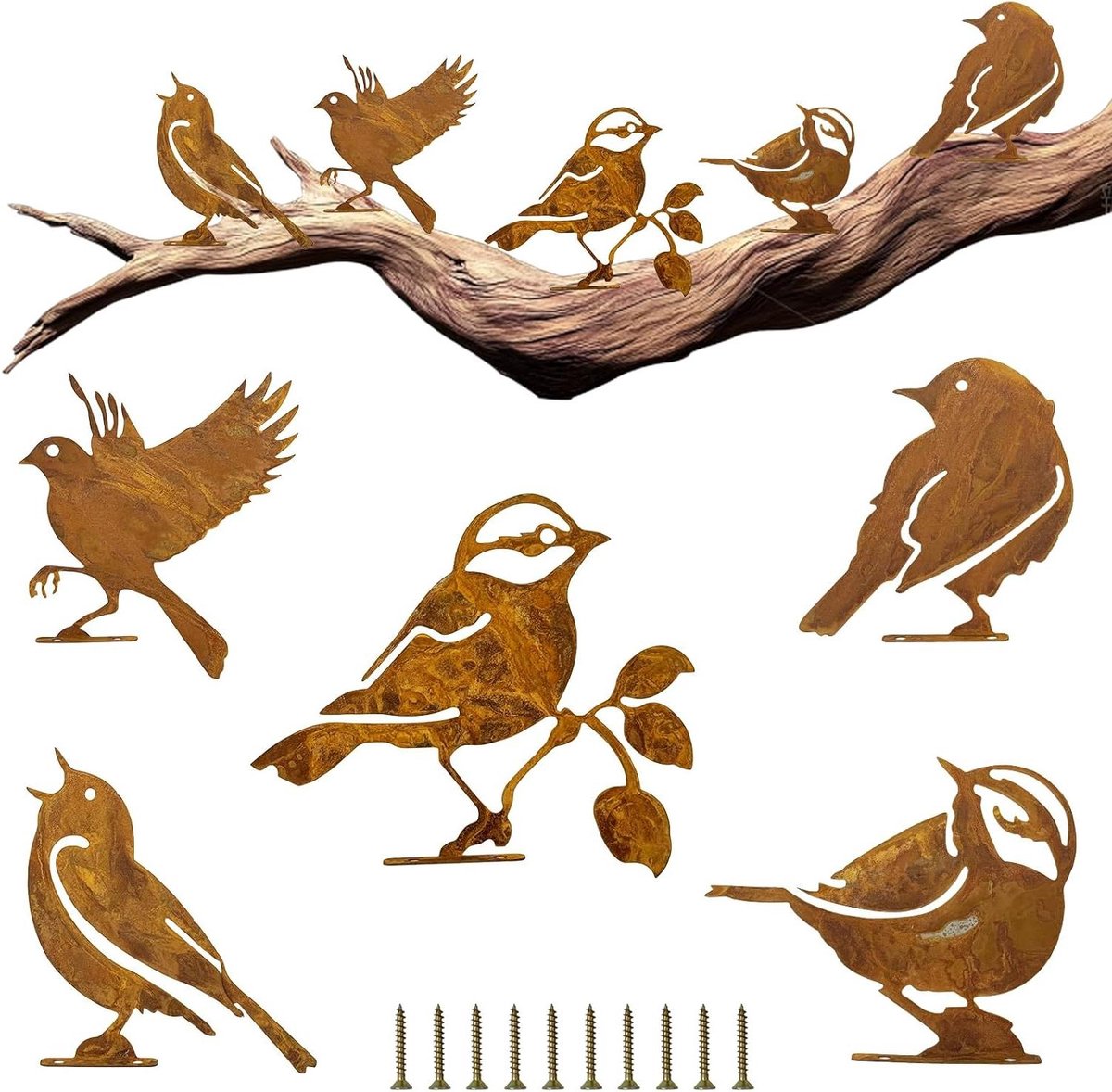 Tuindecoratie Vogels - Metalen tuinsteker - Tuin Aankleden - Roestige afwerking - 5 stuks - Gepatineerd