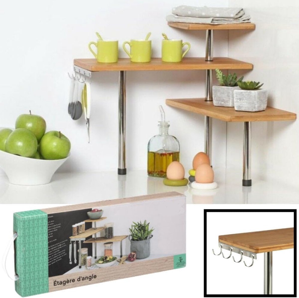 3 Laags Hoek Keuken Opbergrek - Staand rek 3 etages voor Keuken - Corner Keukenrek - Hoekrek - Bamboe/Metaal