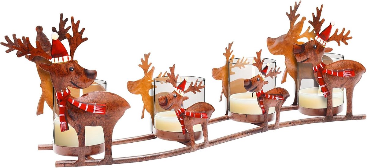adventskrans modern, adventsstuk rendier met 4 theelichtglazen van glas, adventskrans langwerpig van metaal, kandelaar in retrostijl als kerst- en tafeldecoratie, ideale adventsdecoratie
