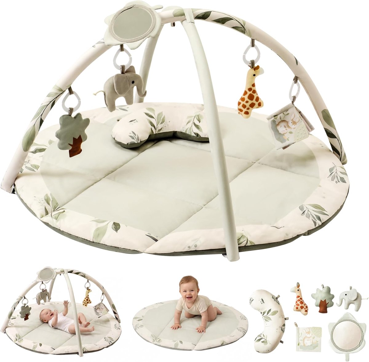 Fitnessstudio voor baby's, activiteitenmat, opvouwbare speeldeken met 5 hangend speelgoed, spiegel en kussen, gevoerde mat voor kruipen, kinderontwikkeling, 0-3-6-12 maanden, groen
