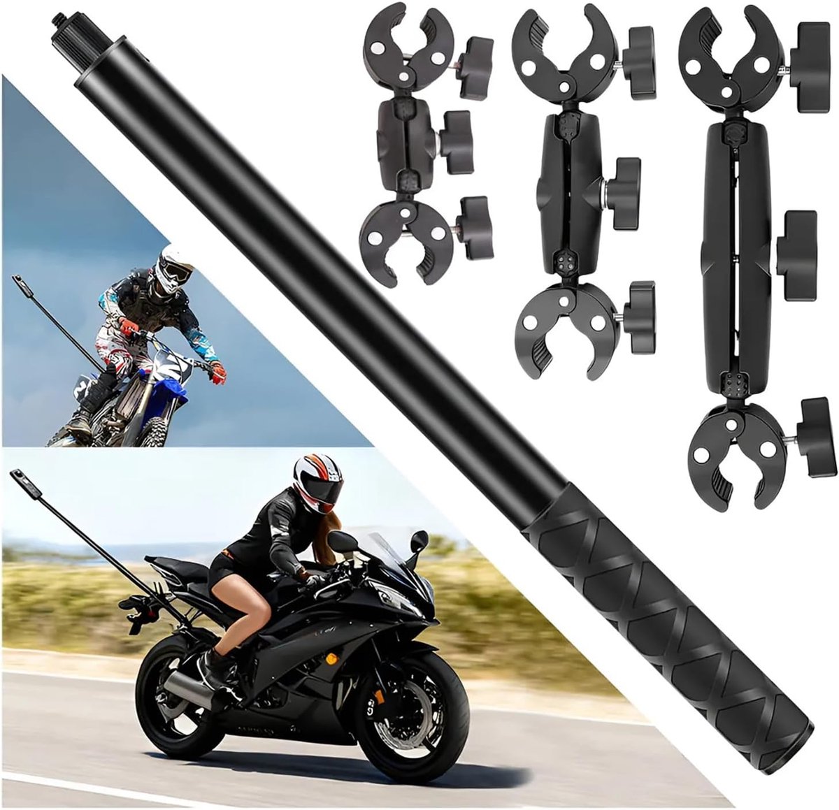 Selfiestickhouder voor motorfiets, fiets met drie dubbele kopklemmen voor fietsen, vlogging draaien, 150 cm onzichtbare selfiestickset voor Insta360 X5 X4 X3 X2 X One, voor DJI OSMO 360