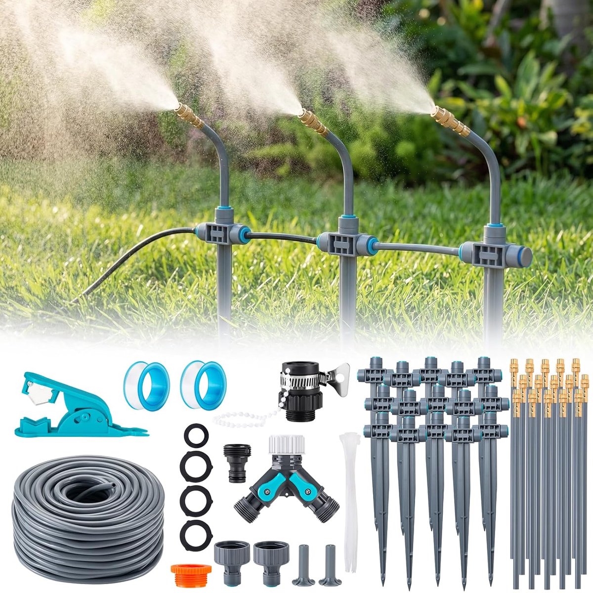 Tuinirrigatiesysteem met grondpen, 360 graden vrij verstelbaar, druppelirrigatie, nauwkeurige stroomregeling, sprinklersysteem, koelsysteem voor broeikas, bloembedden, terrassen, balkonplanten