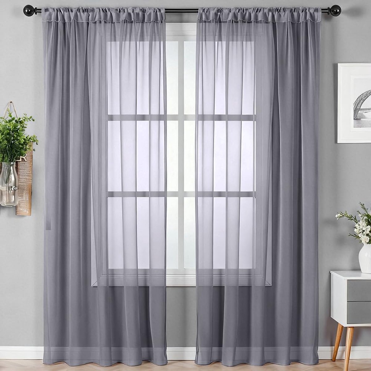 Set van 2 gordijnen met gordijnstang, 142 x 230 cm, gordijnen, wit, kort, semi-transparant, voor binnen, kort, organza, tule, interieurdecoratie, raam, woonkamer, grijs