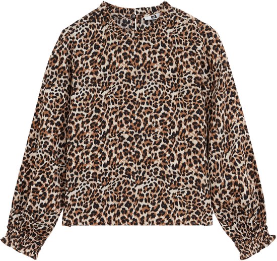 Een bruin-zwart luipaardprint blouse met lange pofmouwen en ruches aan de uiteinden.