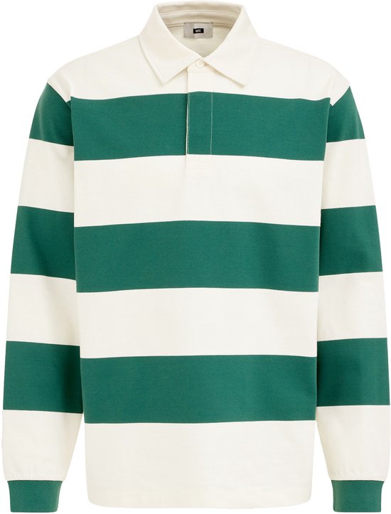 Wit poloshirt met brede groene strepen, lange mouwen en een kraag.
