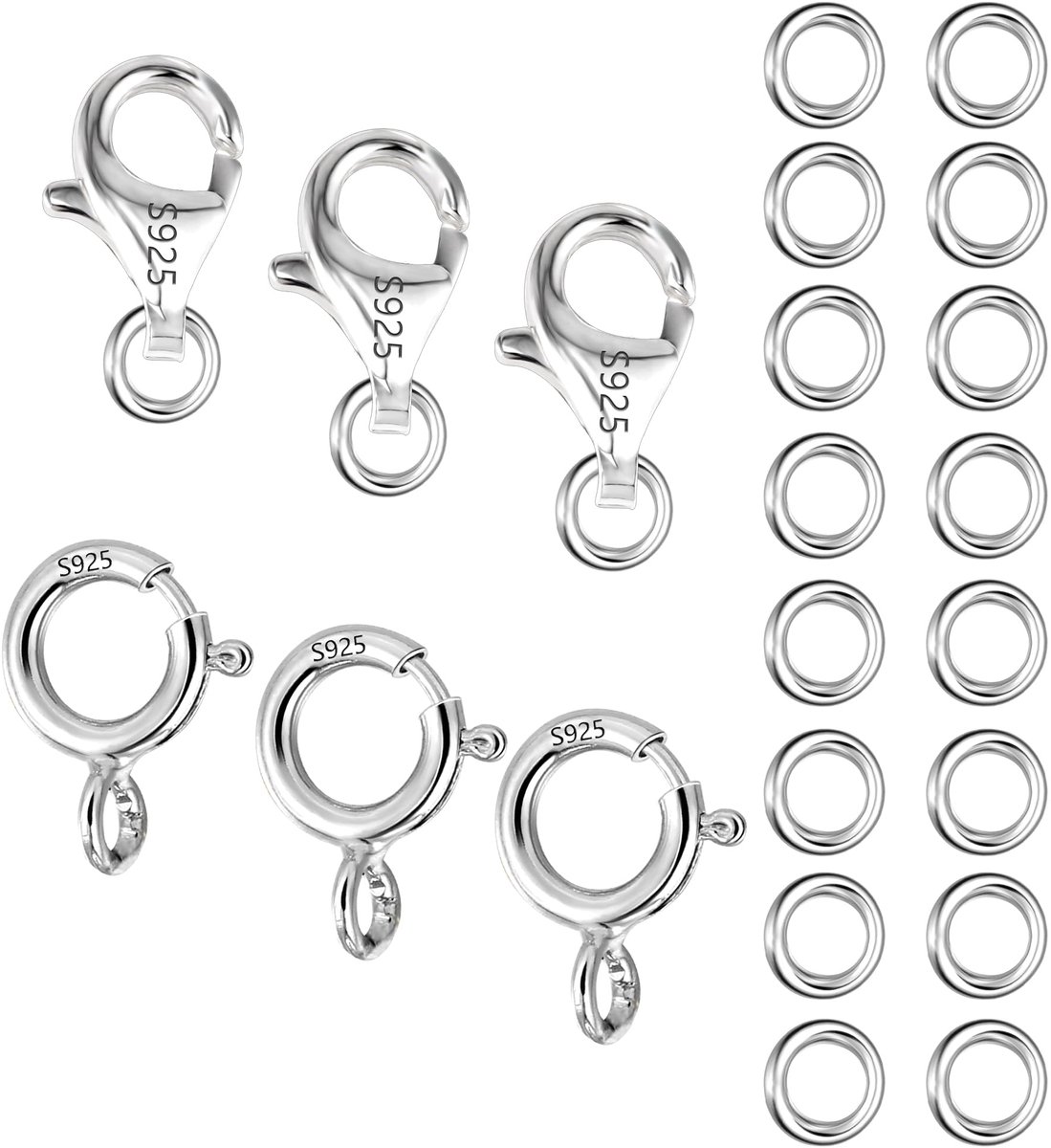 zilveren 925 kettingsluiting sieradensluiting, 26 stuks kettingconnector armbandsluiting ringetjes 5 mm sieradenring karabijnsluiting veergesp accessoires voor het maken van sieraden