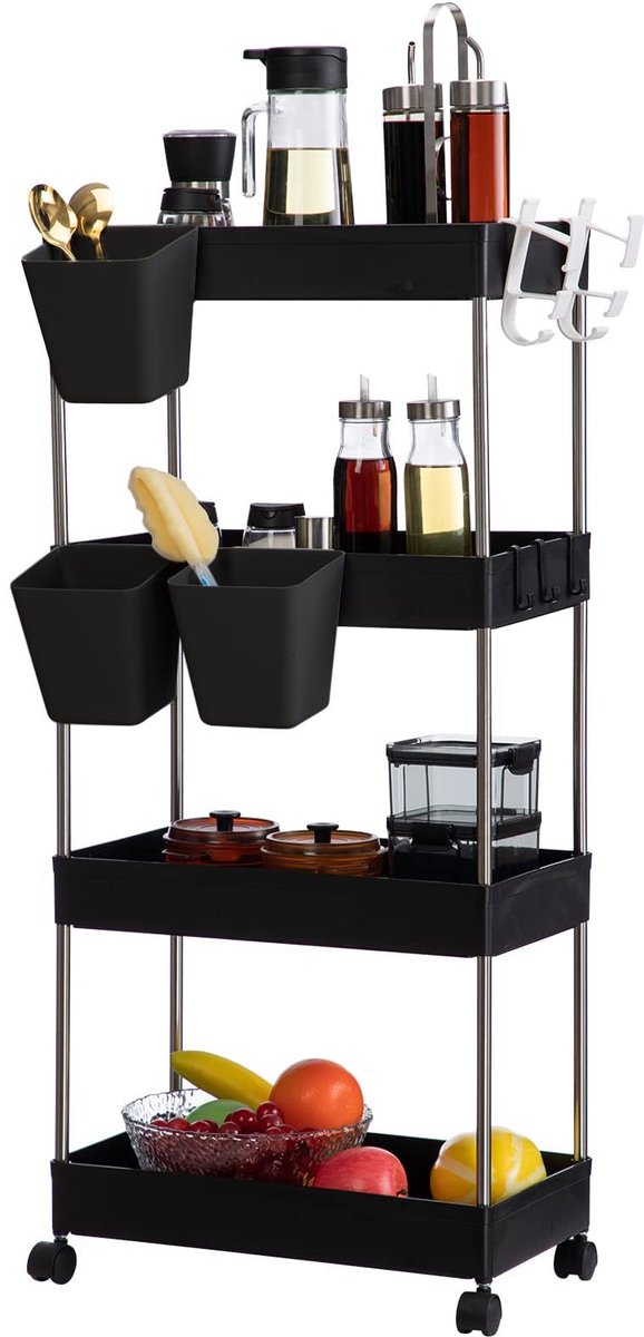 Serveerwagen met wieltjes, smalle rolwagen, keukentrolley, 4 niveaus, opbergwagen met 3 hangbekers voor keuken, badkamer, slaapkamer, kantoor, zwart