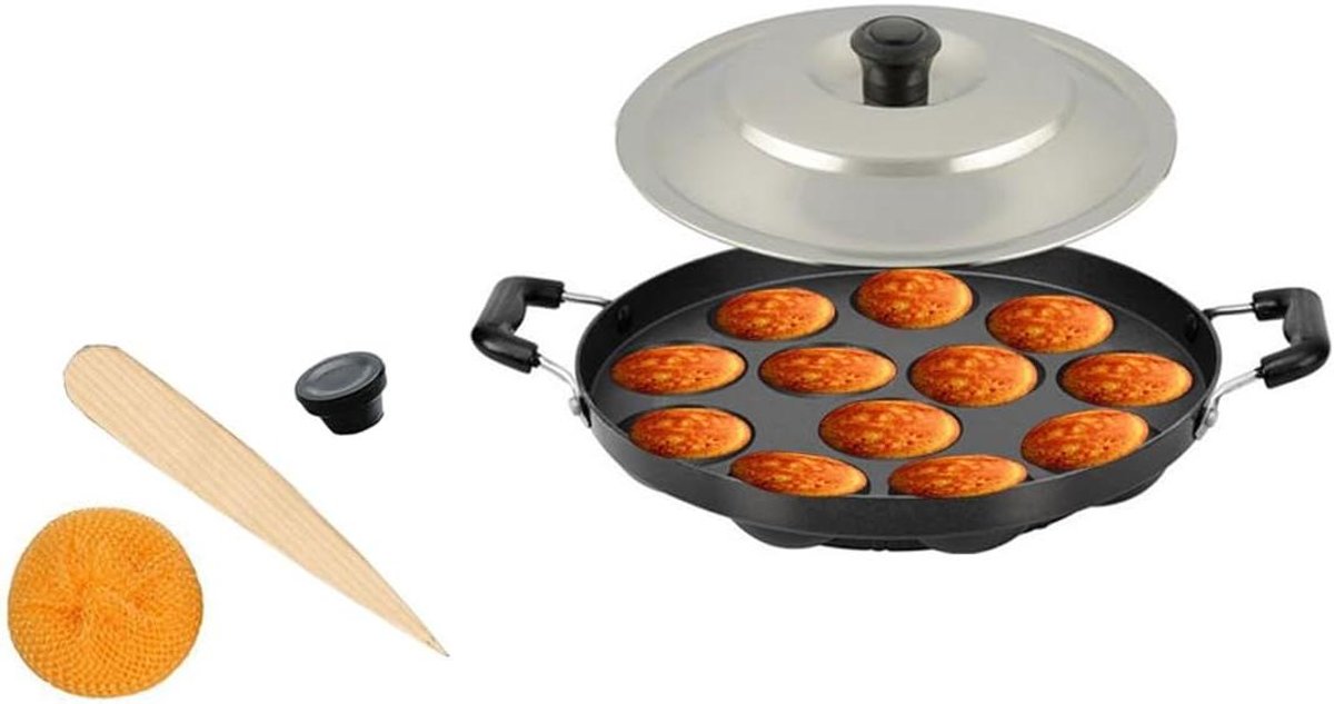 Appam Pan - Paniyaram Pan - Ontbijt Maken - 12 Gaten - 33 x 23.5 cm - Zwart