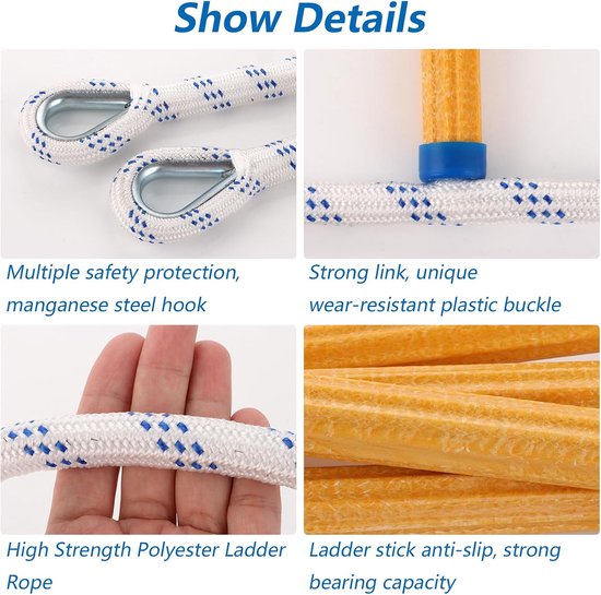 Details van de reddingsladder: metalen lussen, slijtvaste gesp, polyester touw en anti-slip sporten.