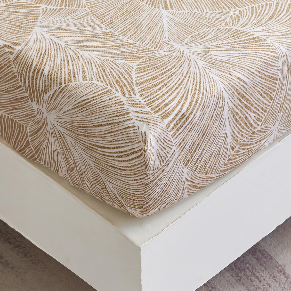 Hoeslaken 160 x 200 Tropisch Bladerpatroon Beige, Zacht Polyester Microvezel Groen Hoeslaken tot 30 cm Matrashoogte