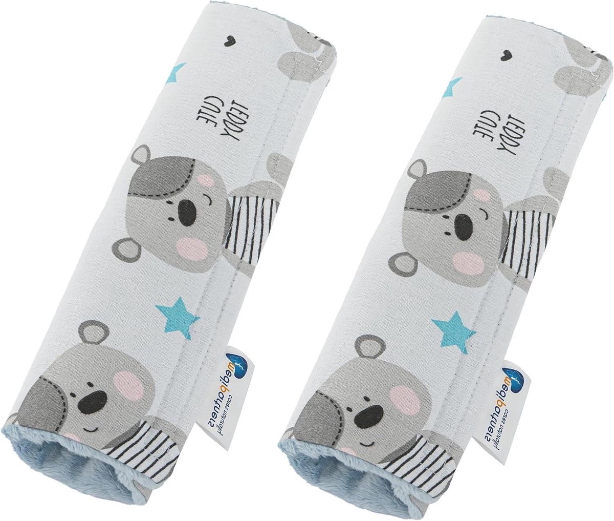 Autogordelbeschermers - Gordelhoesjes Baby - Comfortabel Reizen - Dubbelzijdig Katoen Minky - 17x22cm - Teddybeer Lichtblauw
