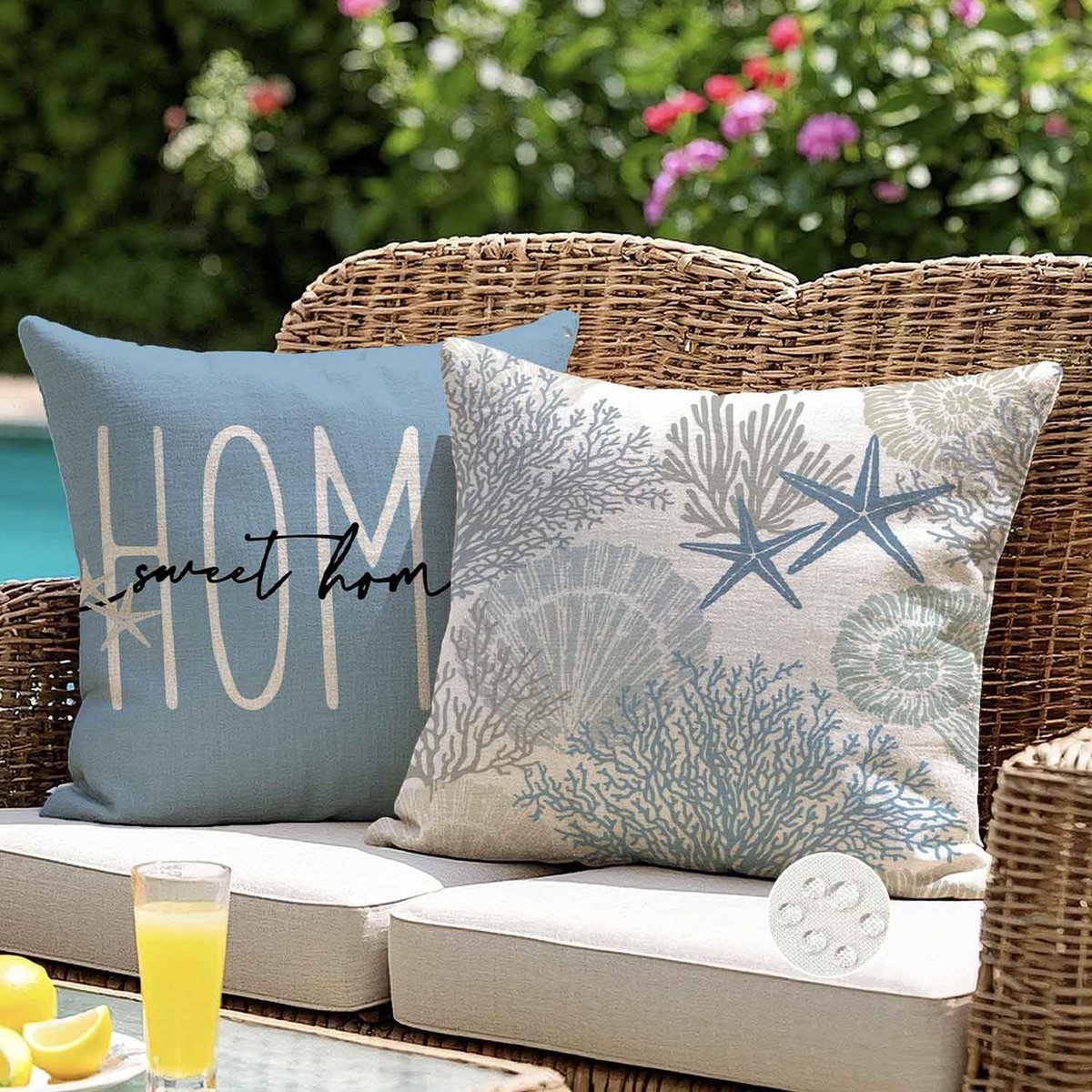 Kussenhoes voor buiten, waterdicht, 45 x 45 cm, blauw, zeester, koraal, decoratief, moderne decoratie, voor woonkamer, tuin, terras, 2 stuks