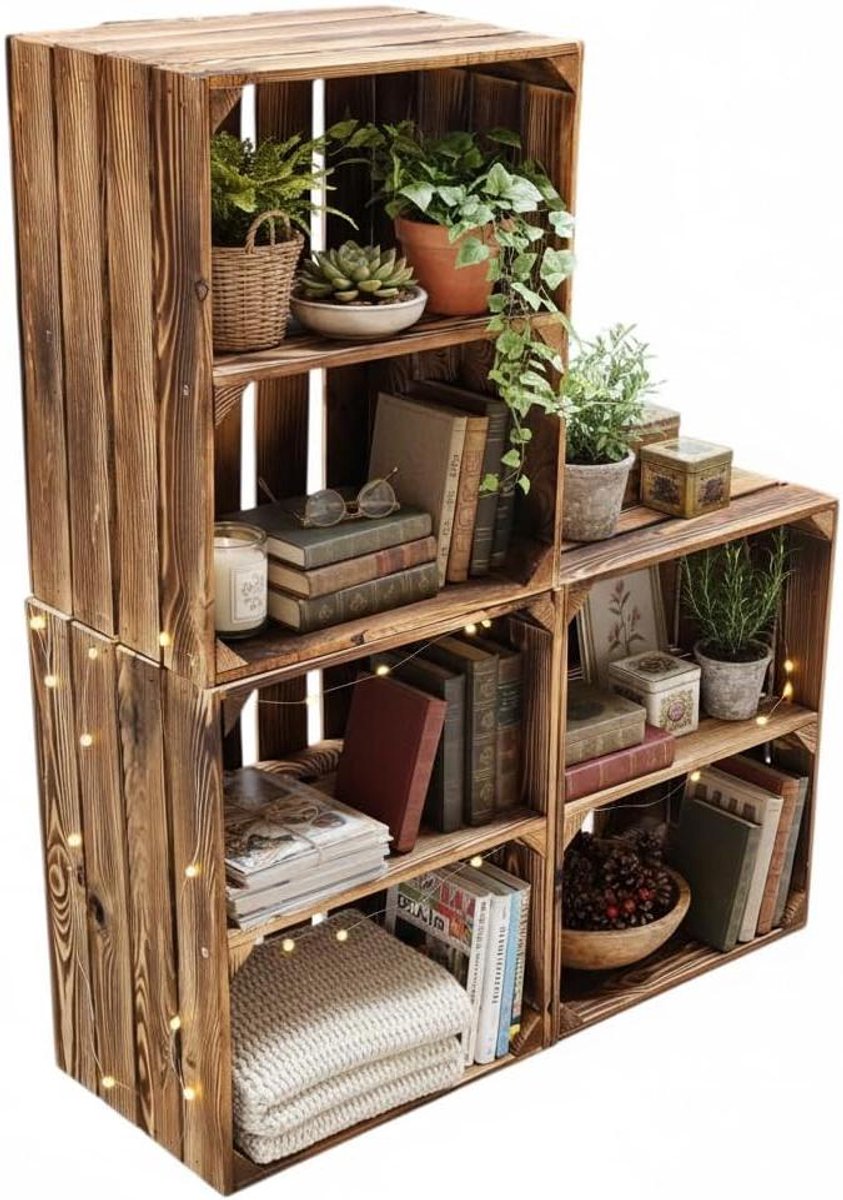 Houten Kisten - Opbergkisten Plankkisten - Decoratie Opslag - Gevlamd Afgewerkt - 50 x 40 x 30 cm - Geel