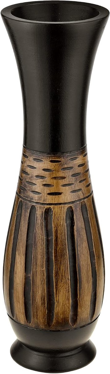 Houten Vaas - Decoratieve Vaas Bloemenvaas - Huis Decoratie - Handgesneden Lijnen - 14 inch Hoog - Bruin Zwart