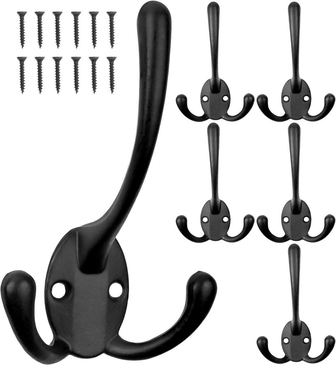 6 stuks, in zwart, buitenmaat 113 x 67 x 27 mm, drievoudige haak incl. houtschroeven, jashaak voor deur, badkamer, keuken, hal, DIY metalen haak, jashaak, zwanenhals schroefhaak