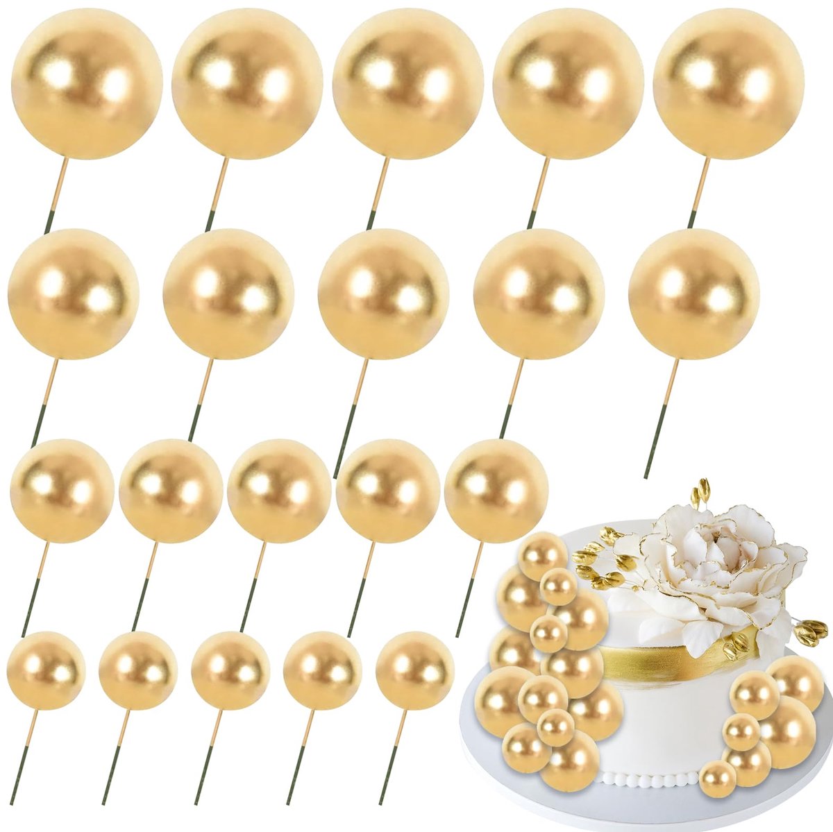 Taartdecoratie ballen, 20 stuks taarttoppers, verjaardag, bruiloftstaart, decoratie, cupcake-decoratie voor kinderverjaardag, babyshower, bruiloft (goud)