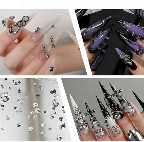 Nagels - Zilveren Charms voor Nagels, Metalen Punk Goth Charm Studs, Spikes, Ringen, Piercing Nagel Strasssteentjes, Gemengde Vormen, Y2K Nagel Edelstenen — afbeelding 4