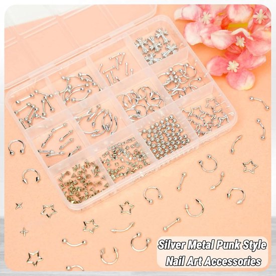 Nagels - Zilveren Charms voor Nagels, Metalen Punk Goth Charm Studs, Spikes, Ringen, Piercing Nagel Strasssteentjes, Gemengde Vormen, Y2K Nagel Edelstenen — afbeelding 2