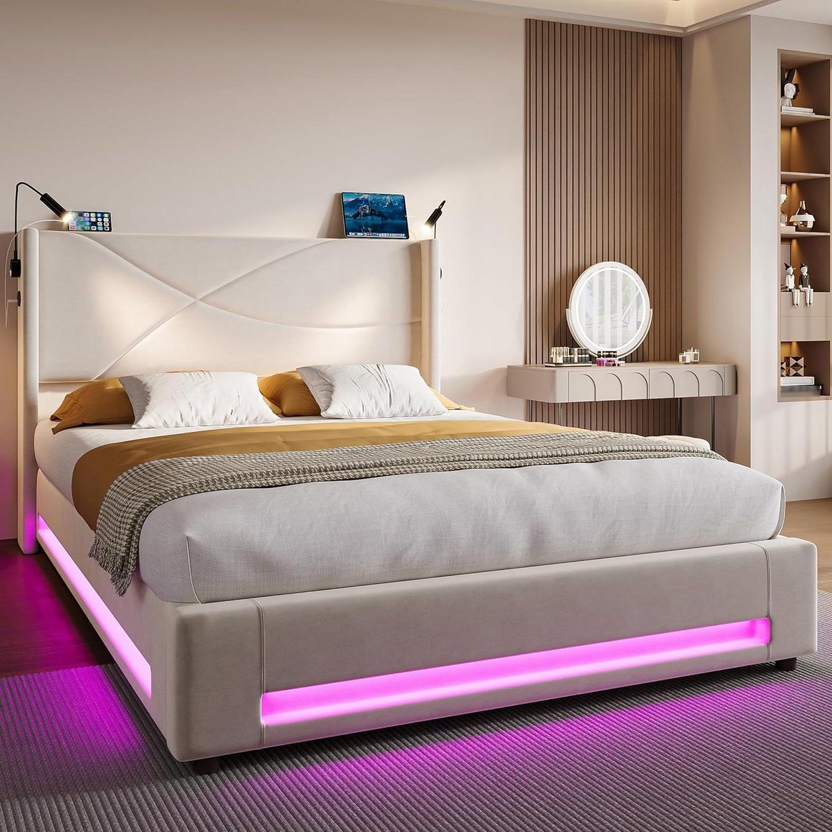 Gestoffeerd Bed - Tweepersoonsbed Bedframe - Ontspannen Slapen - Met Leeslampen en USB - 1