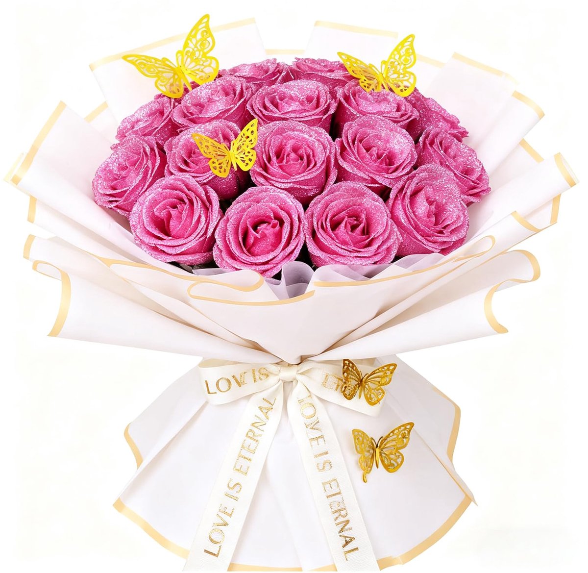 Kunstrozen, geharde bloemenboeket, met vlinderdecoratie en lint, kunstbloemen als echt, voor doe-het-zelf bruiloftsfeesten, Valentijnsdag, Moederdag