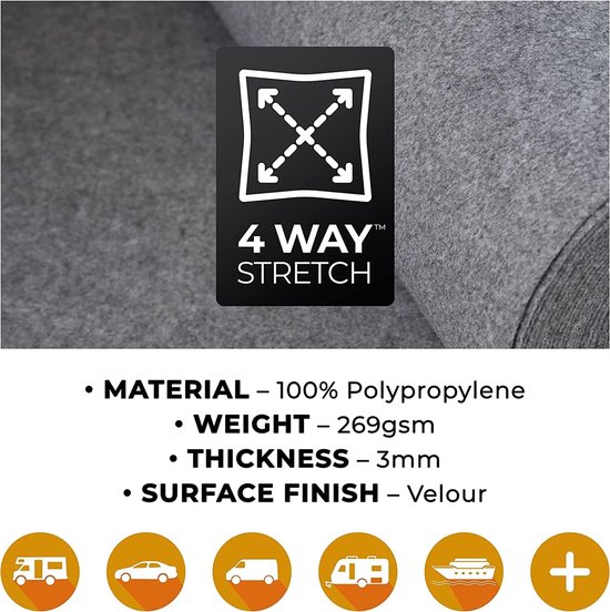 Van Voering Tapijt - Camper Bekleding - Voertuig Interieur - 4-Weg Stretch - 3 Meter x 2 Meter - Zwart — afbeelding 3