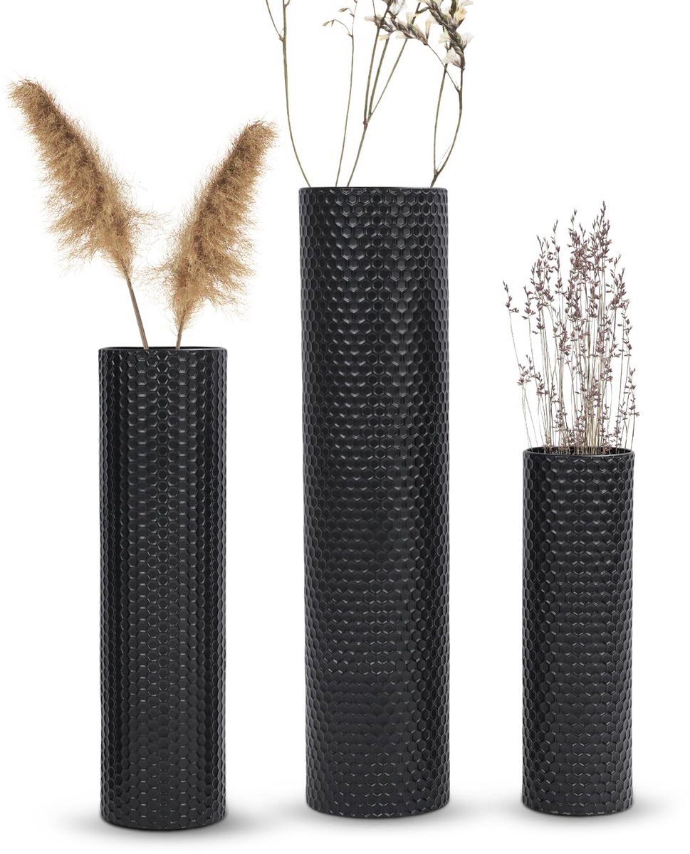 hoge vloervazen, 27,6/21,7/15,8 inch grote metalen staande vaas, set van 3 voor woonkamer, slaapkamer, huis, hal, kantoordecoratie, honingraatstructuur, grote staande vaas