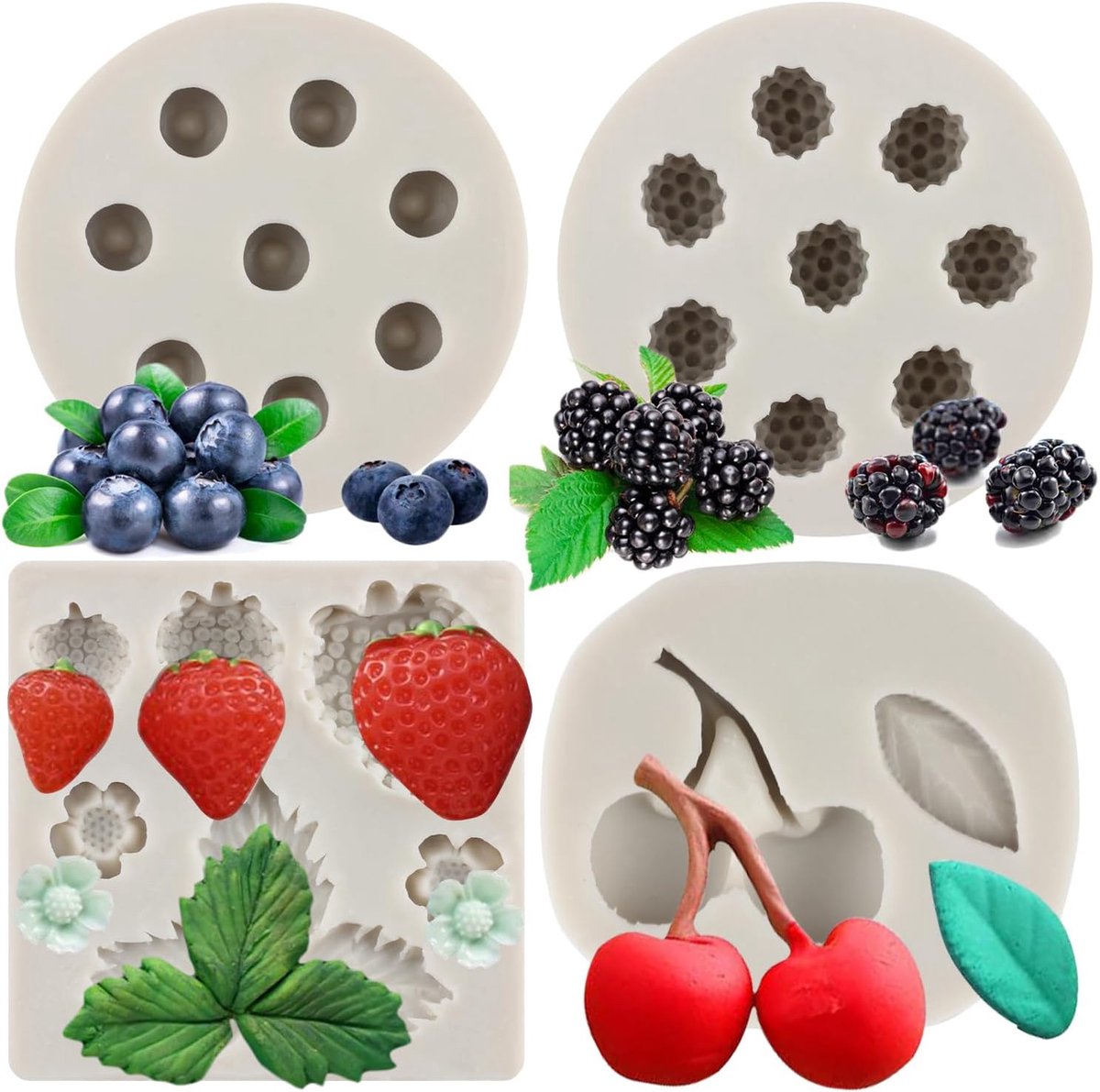 siliconen mal bosbessen framboos kers fondant mallen voor taart decoratie kauwgom pasta cupcake topper snoep chocolade polymeer klei set van 4