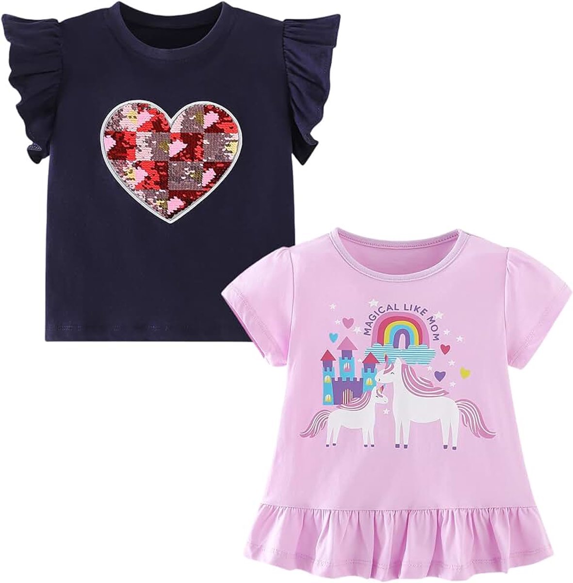 Meisjes Katoen 2-Pack T-shirt voor kinderen Korte Mouw Ronde Hals Zomer Tops voor Meisje 3-8 Jaar