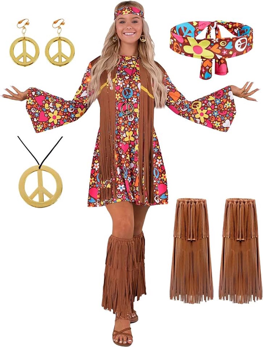 Creations Hippie-kostuumset voor dames, hoofdband, oorbellen, jurk, vest, sokken, laarzen, hippie-kleding uit de jaren 70 voor Halloween, cosplay - M