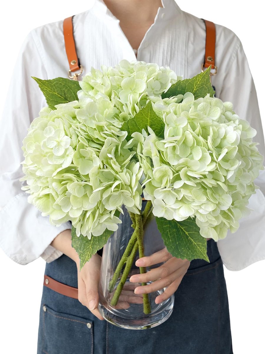 3 stuks lichtgroene faux hortensia bloemen, 53,3 cm latex real touch grote zijden koninklijke hortensia kunstbloemen, lente nepbloemen boeket voor tafelstukken, tafel, bruiloft, keuken, thuis