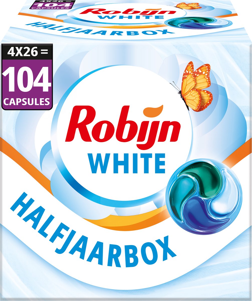 Robijn Wasmiddel - 4-in-1 Wascapsules - Stralend Wit - 4 x 26 stuks - 104 Wasbeurten - Voordeelverpakking