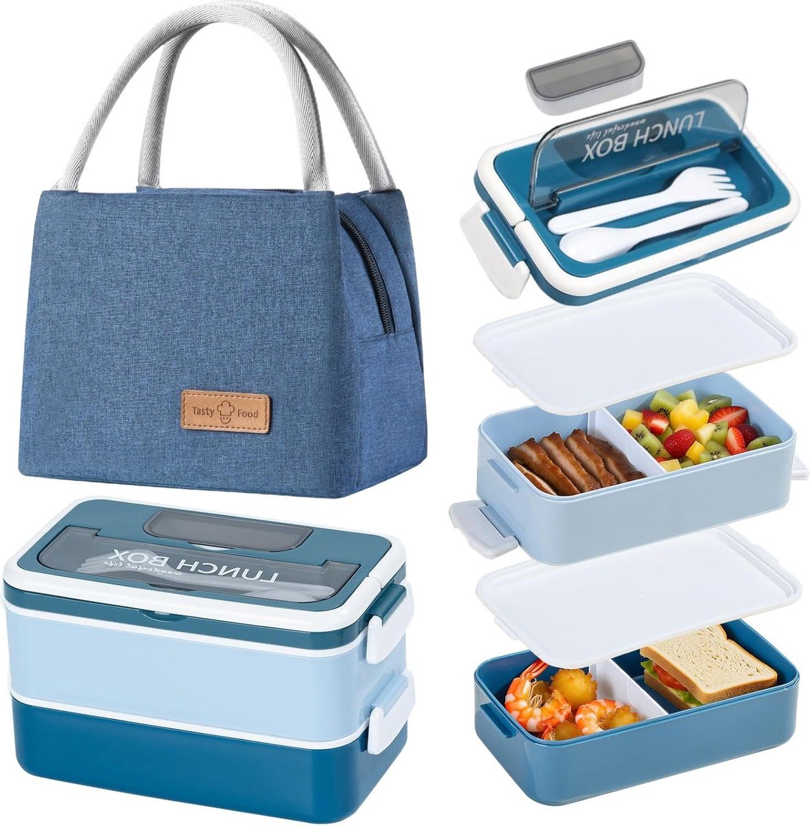 Lunchbox Set - Maaltijd Container - Picknick en Werk - Inclusief Koeltas - 1600 ml - Blauw