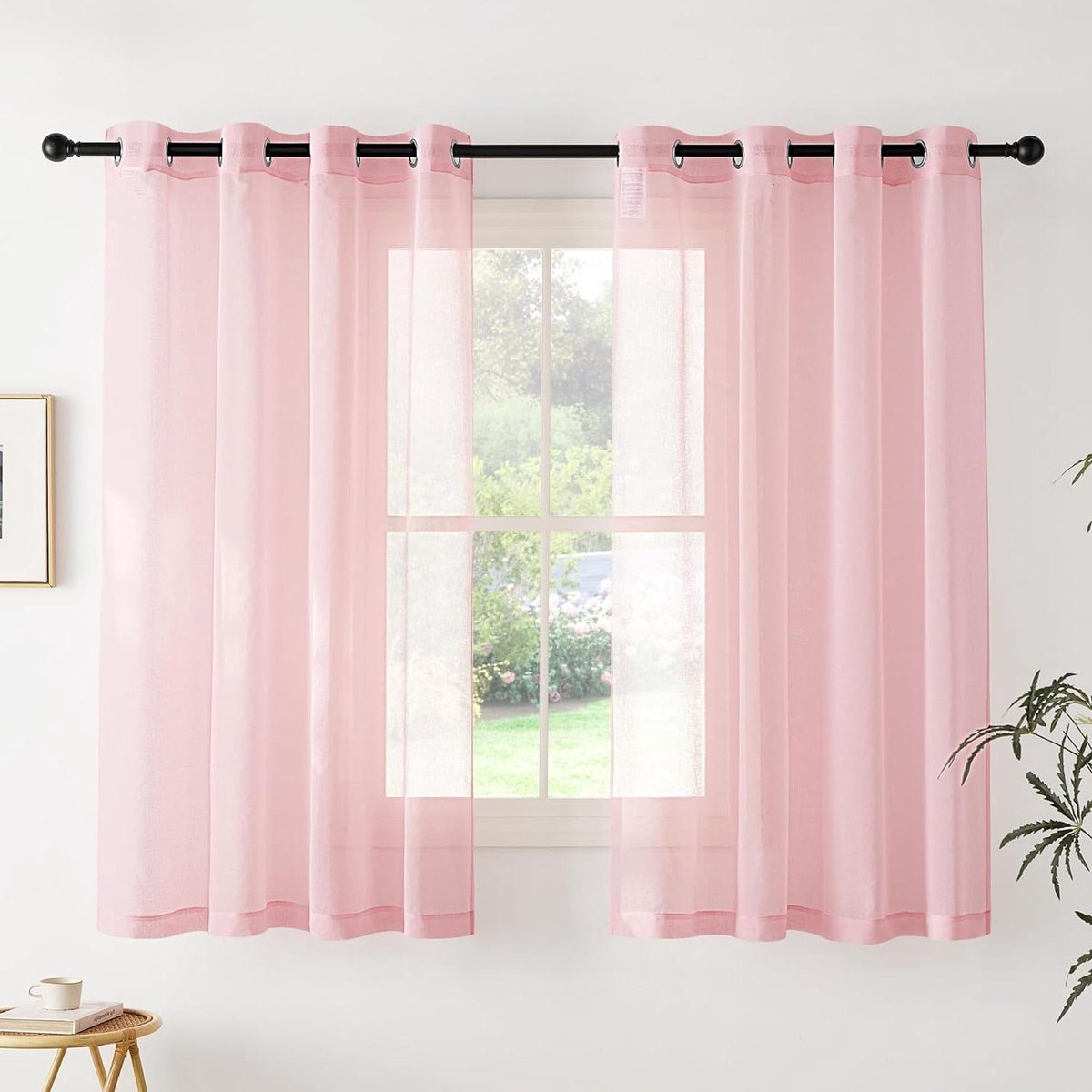 Transparante Raamgordijnen - Vitrage Gordijnen - Woonkamer Decoratie - Linnenlook Polyester - 140x160 cm (2 stuks) - Lichtroze