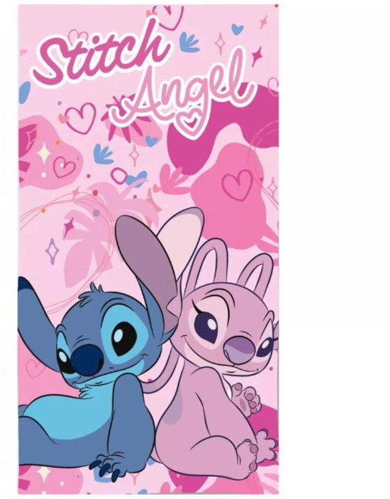 Stitch en Angel, met de tekst "Stitch & Angel" op een roze achtergrond met hartjes en bloemen.