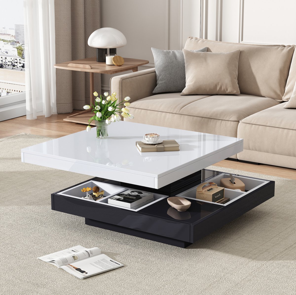 MIVRAY Salontafel - Draaibare Hoogglans Tafel Met Opbergruimte - Modern Voor Woonkamer - Spaanplaat - 70x70x36 Cm - Wit Zwart