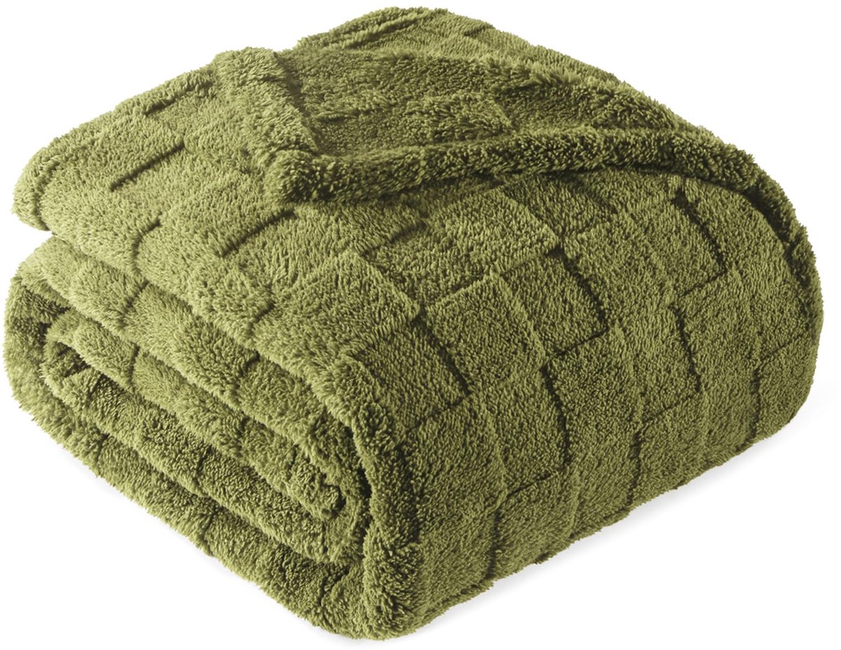 Mezcla queensize flanellen fleece deken, super zachte en warme lichtgewicht geruite dekens voor alle seizoenen, 229 x 229 cm, olijfgroen | Fleece beddeken met geruit ontwerp, lichtgewicht en