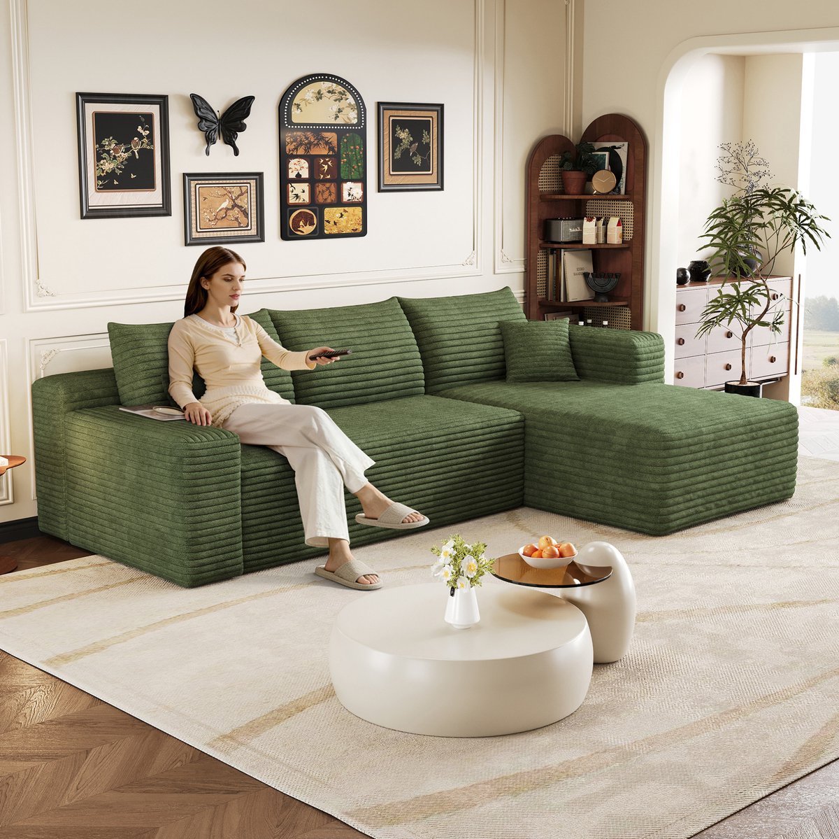 FloraGrace Hoekbank - 241 cm - Geen Montage Nodig, Omkeerbare Chaise Longue & Diepe Zit - Voor Woonkamer of Slaapkamer - Corduroy Stof - Groen