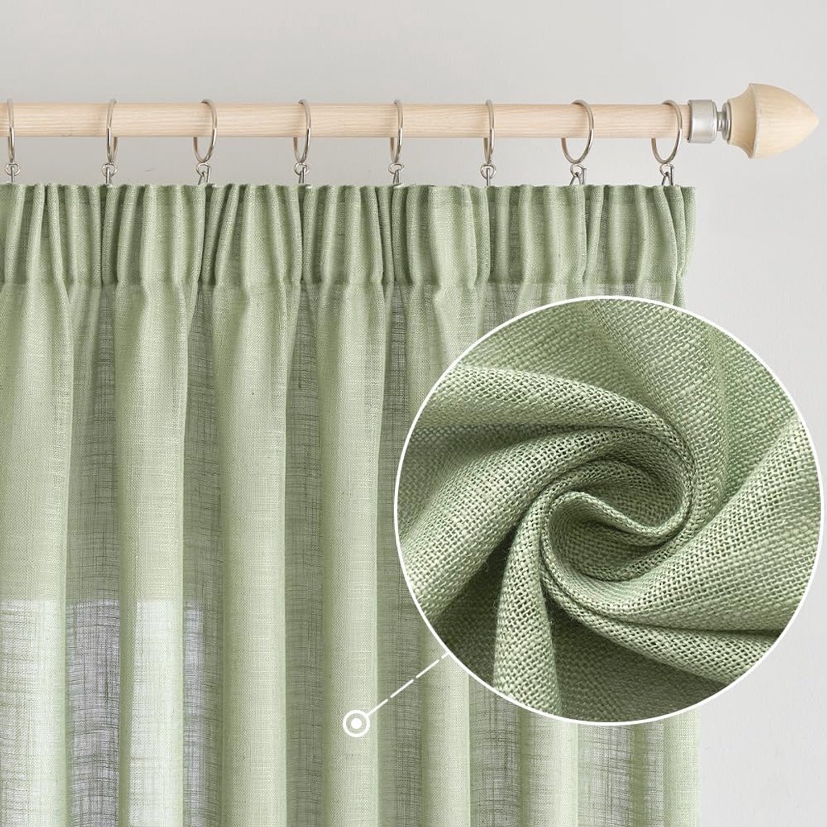 Gordijnen, linnenlook, met plooiband, voile, linnenlook, modern, half-transparant, voor woonkamer, deco, keukengordijn, lusgordijn, kinderkamer, groen, 140 x 245 cm
