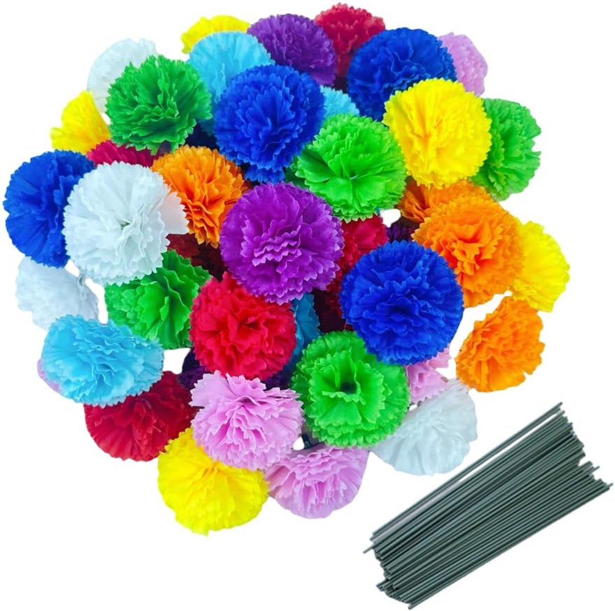 50 kunstmatige zijden anjer bloemkop met stengelset, vaasvullers voor huisdecoratie bruids bruiloft feest verjaardagstaart ornamenten, doe-het-zelf polscorsage, 3 inch bloemblaadjes hoofden en