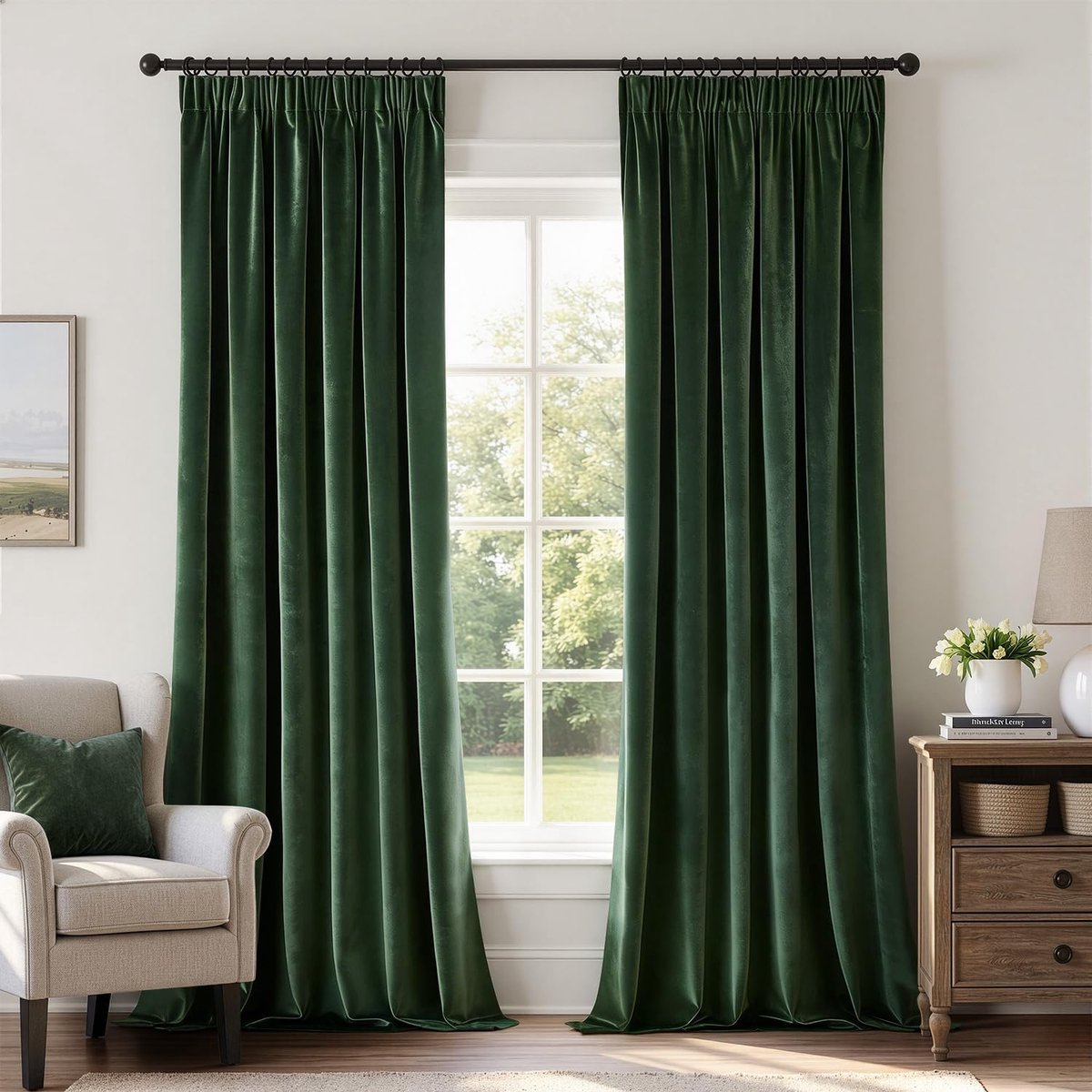 Fluwelen gordijn met plooiband, dennengroen, fluwelen gordijnen, ondoorzichtig, set van 2, mooi, dik en zwaar, voor woonkamer, slaapkamer, verduisterend, thermogordijn, H 245 x L 140 cm