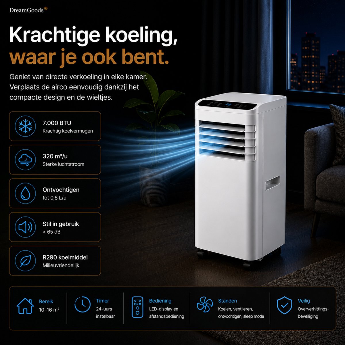 DreamGoods Mobiele Airco - 7000 BTU - 3-IN-1 Airconditioner met Afvoerslang - Verkoelen, Ventileren & Ontvochtigen - Complete Airco Set met Raamafdichtingskit thumbnail 4