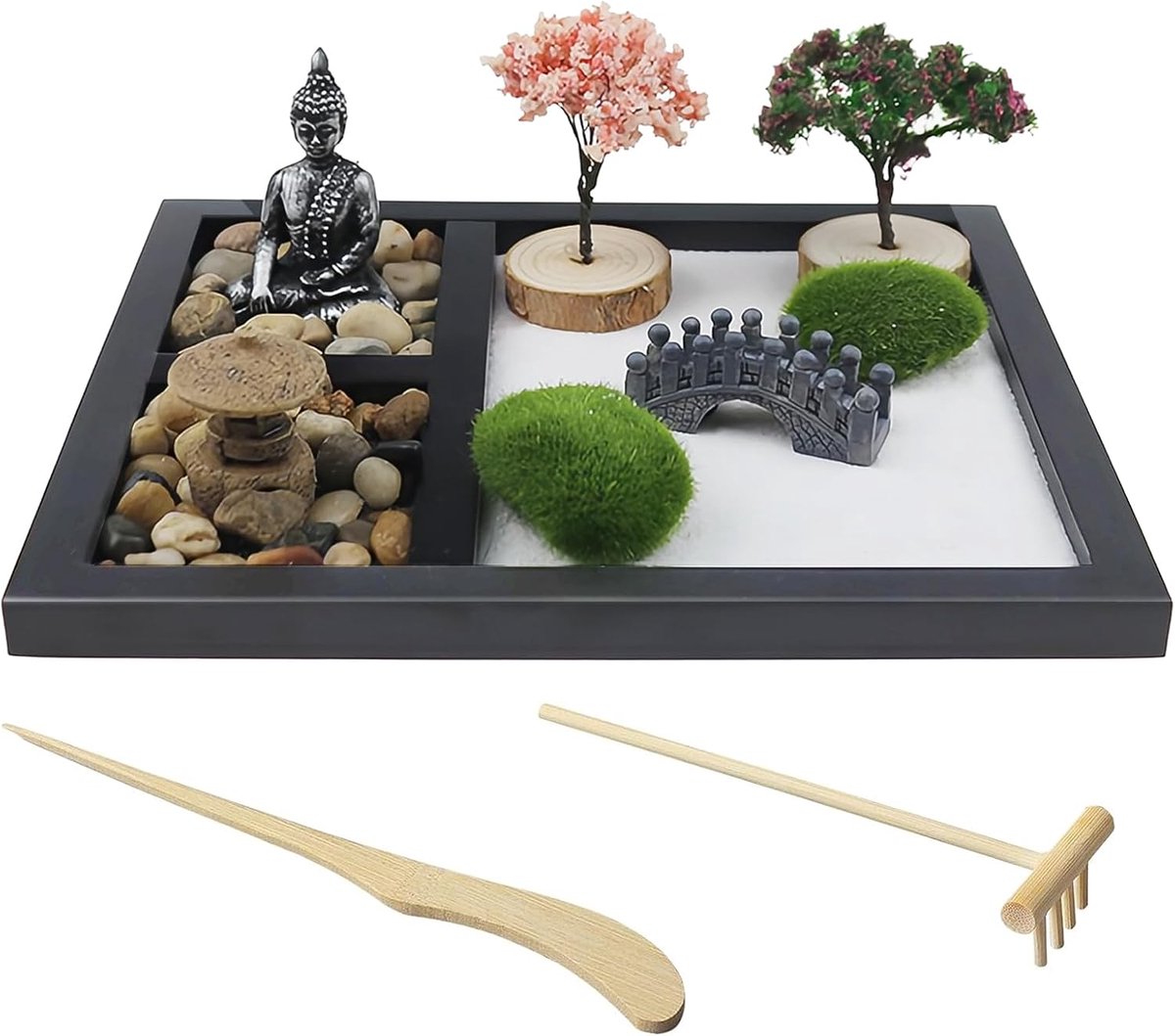 Zen Tuinset, miniatuurcadeau, Japanse Zen, zand, meditatie, rok, zand, tuin, houten sokkel voor ontspanning (Boeddhabeeld)