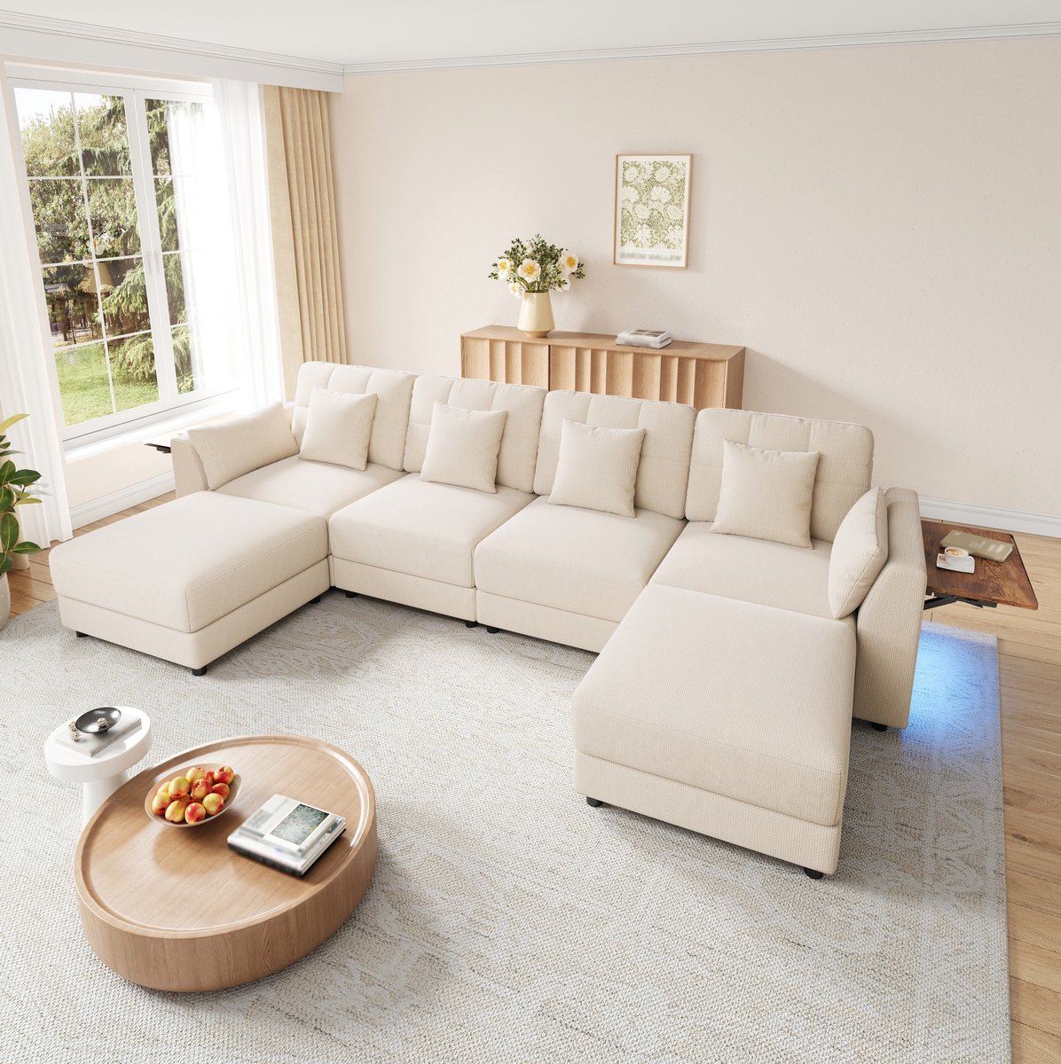HAUSS SPOLE U-Bank - Modulaire Hoekbank - Met 2 Hockers, Ledverlichting En Opklapbare Armleuningtafel - Voor Woonkamer - Chenille Beige