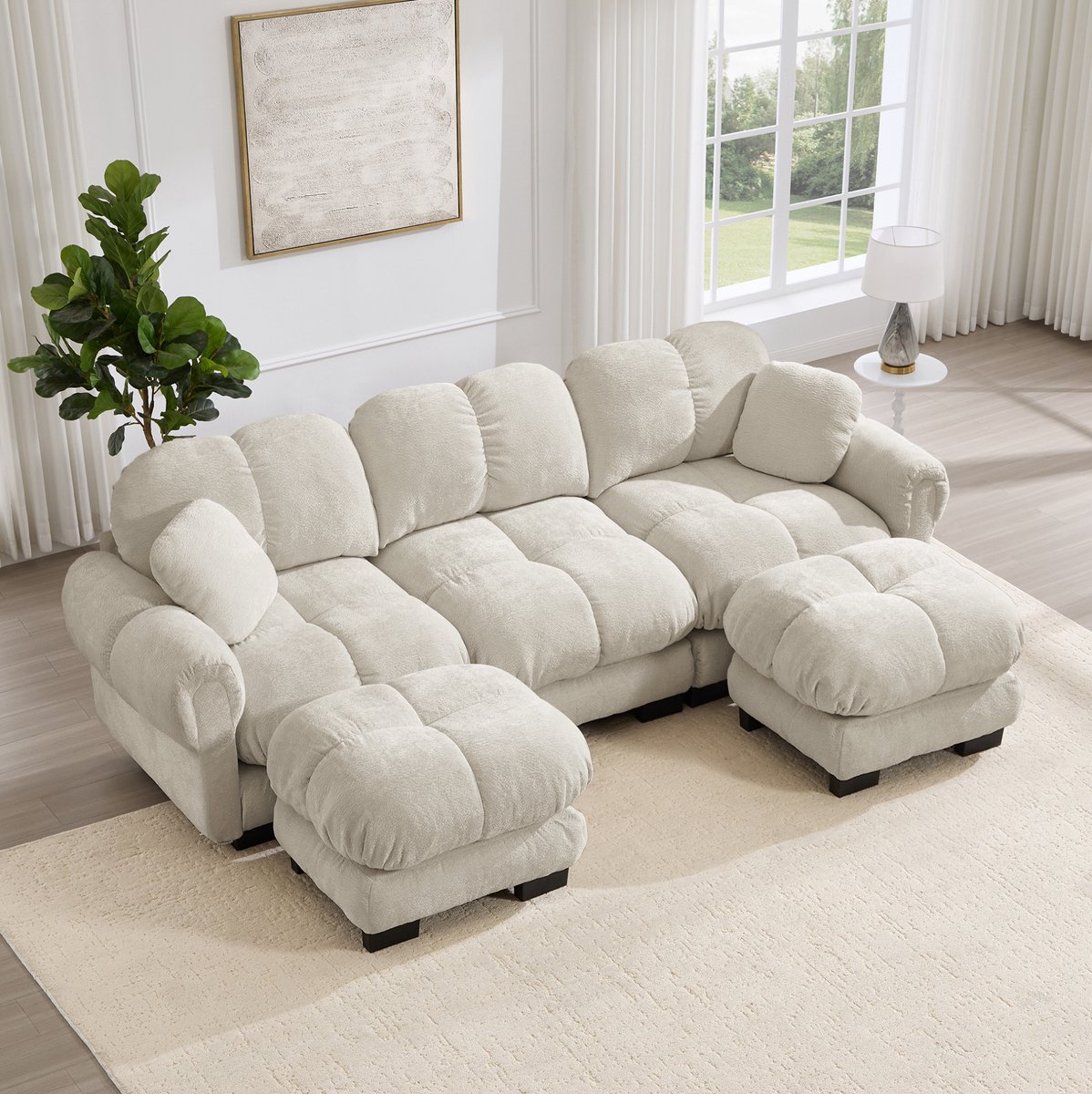 HAUSS SPOLE U-Bank - Cloud Sofa Met Beweeglijke Ottomaan - Gewatteerde Zitting Met 2 Sierkussens - Voor Woonkamer - Chenille Licht Kaki