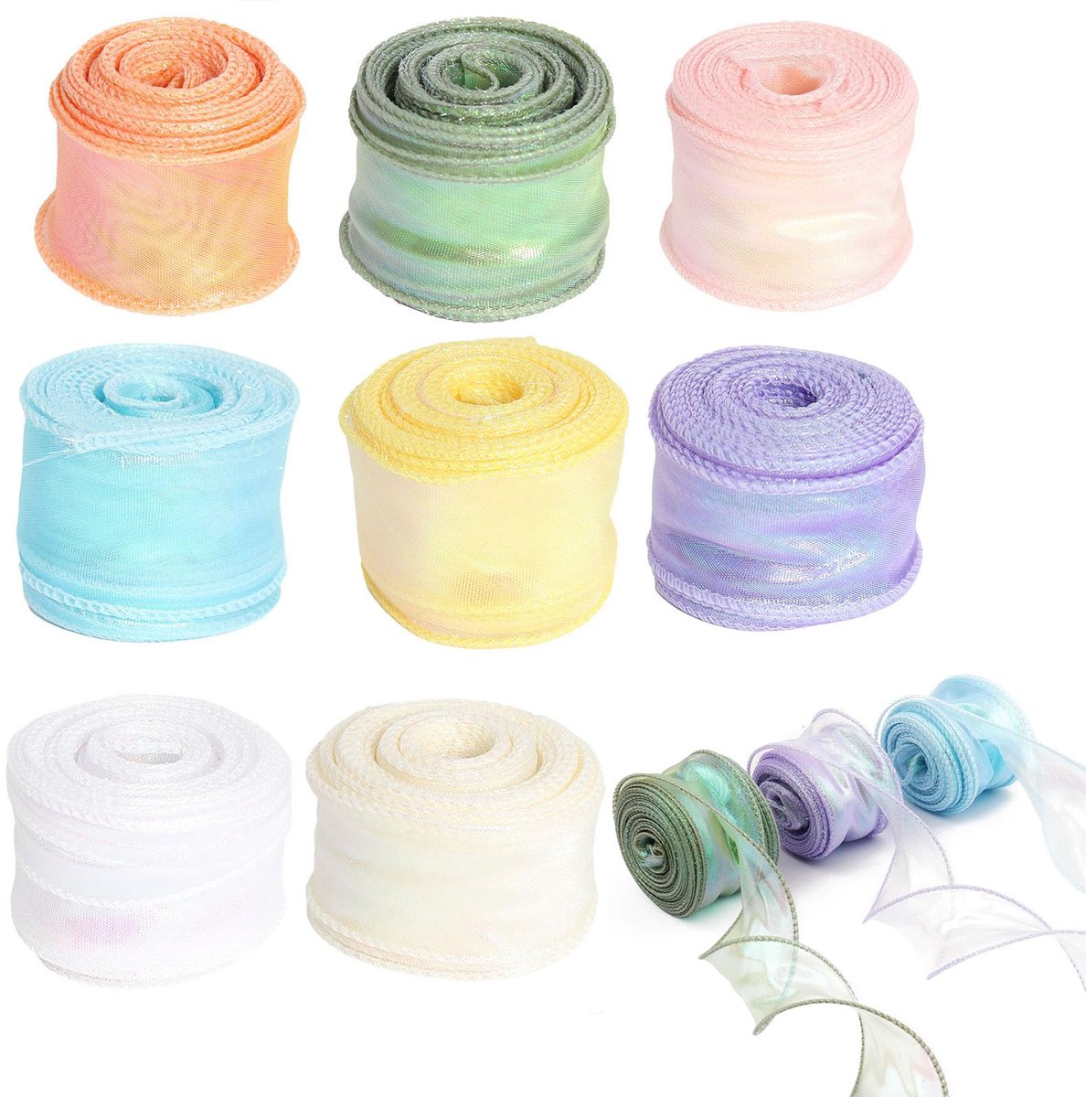 Organza lint, 8 rollen organzalint, chiffonlint, breed, decoratieve linten, glanzend transparant zijden lint, transparant lint voor knutselen, bloemenboeket, cadeaulint, bruiloft, 4 cm x 9 m