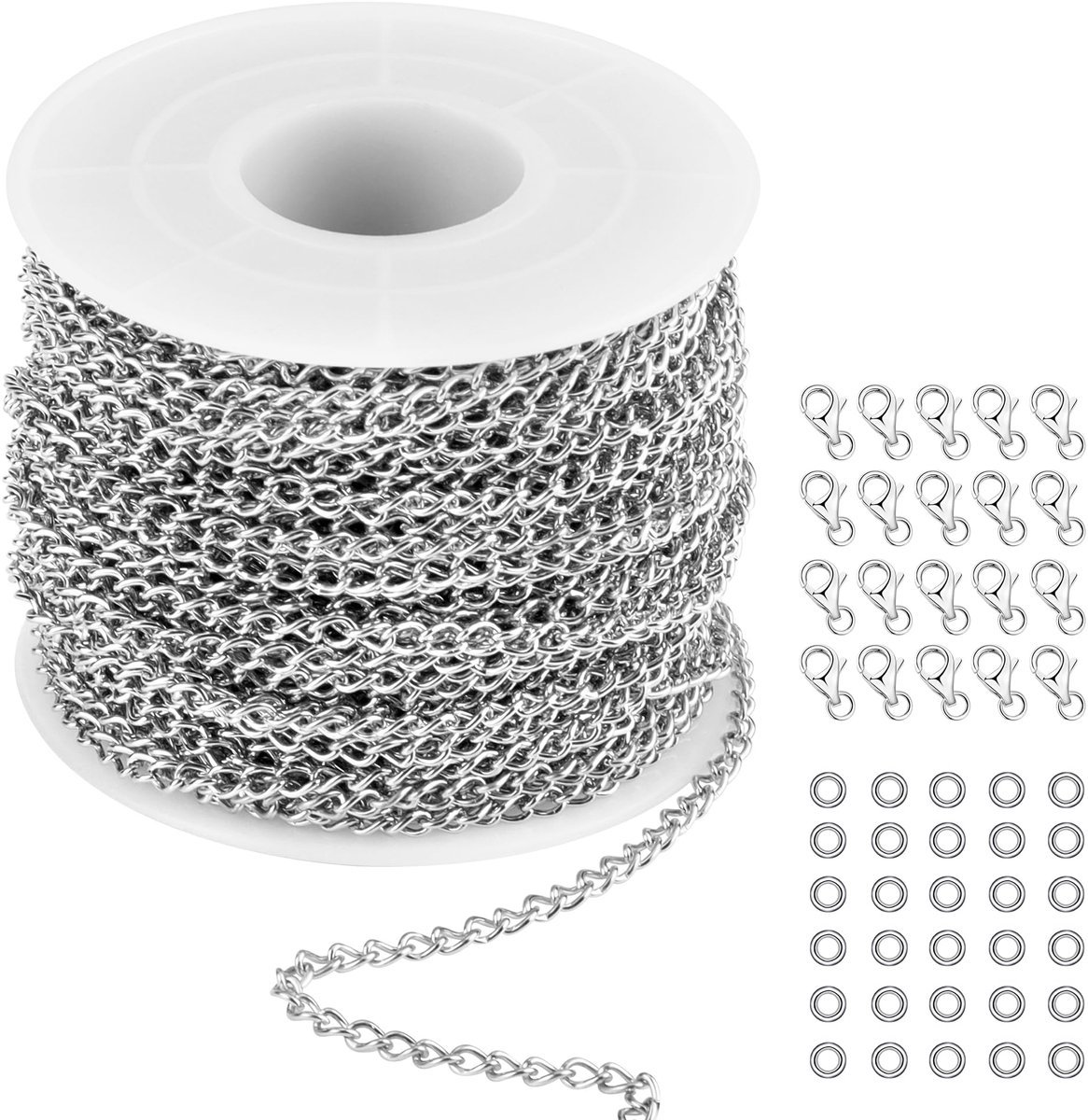 Schakelketting voor het maken van sieraden, roestvrijstalen ketting met 20 karabijnsluitingen voor halskettingen en sieradenaccessoires om te knutselen (zilver)