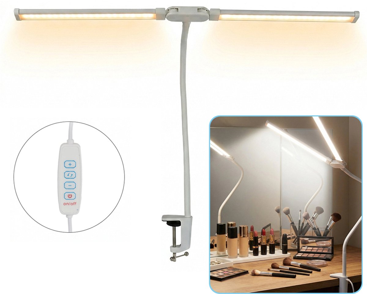 Bureaulamp Met Klem - Bureaulamp Met Dubbele Kop - Tafellamp - Flexibele Monitor Met Dubbele Kop En Verlichting