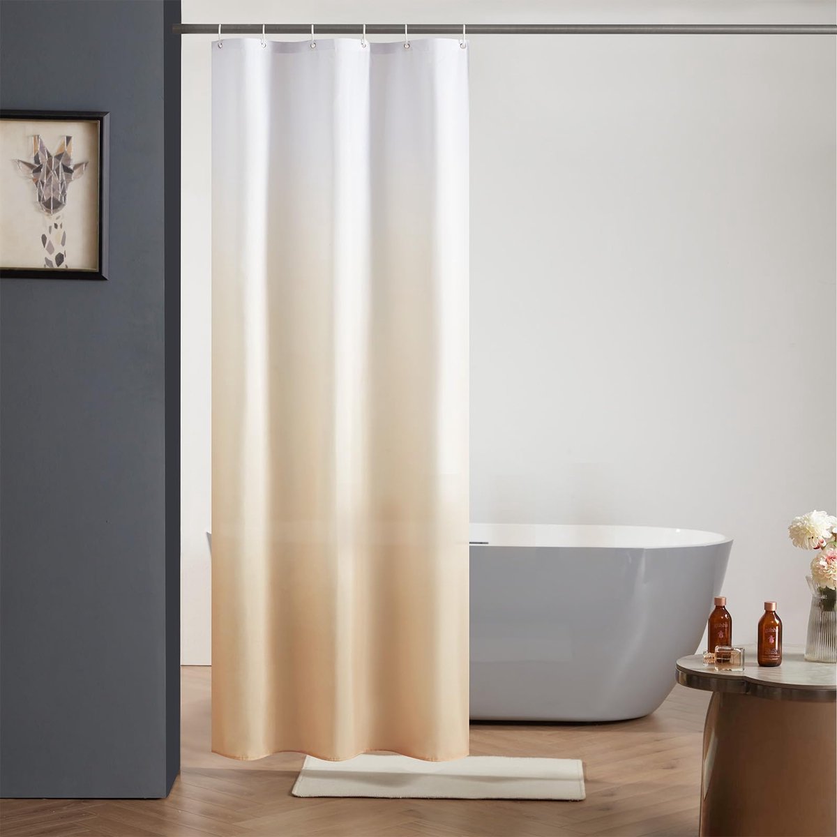 Douchegordijn voor badkamer, schimmelbestendig polyester, waterdicht, wasbaar, met 6 haken, voor badkamer, wit tot crèmebruin, smal, 90 x 180 cm