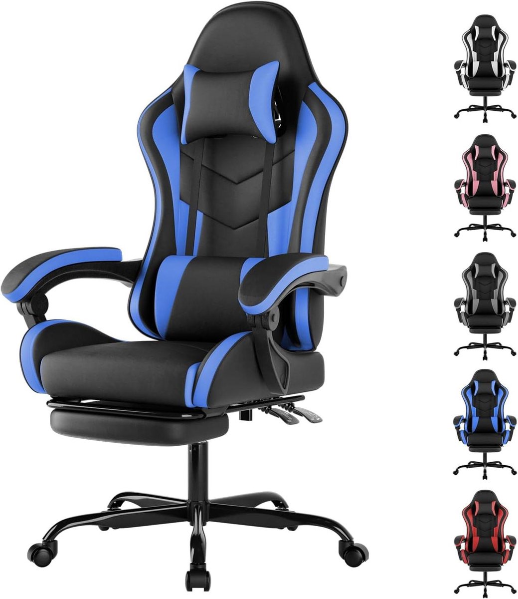 Ergonomische Stoel - Computerstoel Bureau - Comfortabel Zitten - Met Voetsteun - 52 x 52 x 132 cm - Zwart Blauw